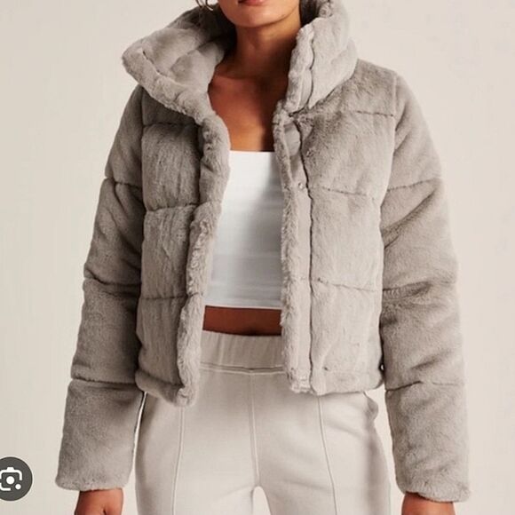 A&F Mini Puffer Jacket Abercrombie & Fitch Faux Fur Mini Puffer Size XXS Gray - Picture 1 of 16